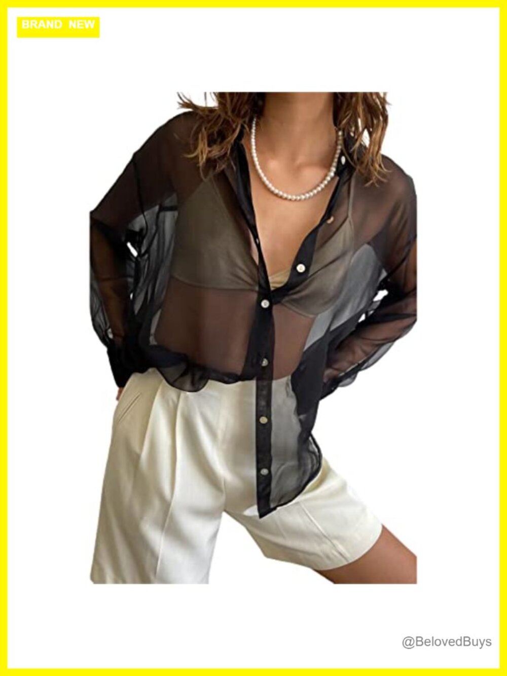 Sheer Mesh Button Up Blouse Long Sleeve Lapel V Neck See Through Top